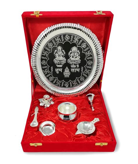 BENGALEN Pooja Thali Set Silver Plated With Gift Box Designed Puja