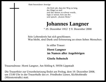 Traueranzeigen Von Johannes Langner Trauer In NRW De