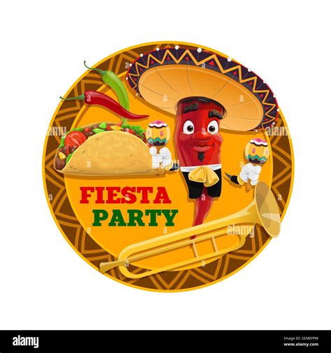 Mexican Fiesta Party Vector Design Of Red Chilli Cartoon Character Sombrero Hat And Maracas