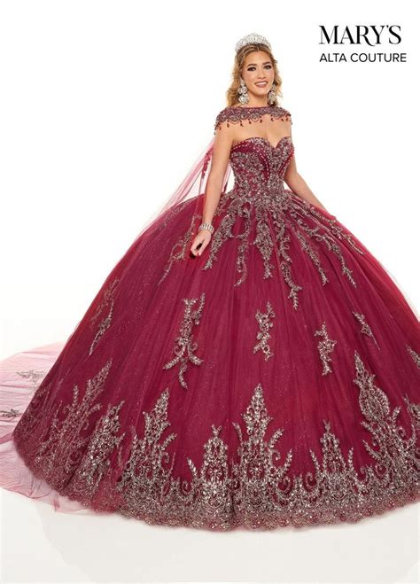 Glitter Cape Quinceanera Dress By Alta Couture Mq Burgundy