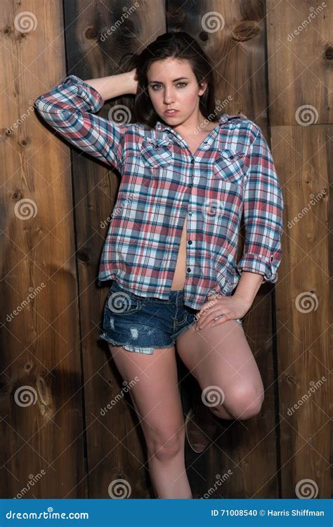 Brunette In Shirt And Shorts Stock Photo Image Of Brown Bluejeans 71008540