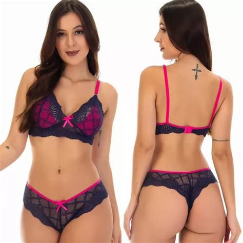 Conjunto De Lingerie Calcinha E Sutiã Sem Bojo Renda Bicolor Parcelamento sem juros