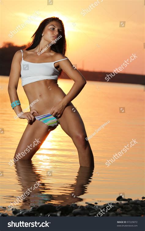 Sexy Brunette Woman Water Sunset Erotic Stock Photo 97229072 Shutterstock