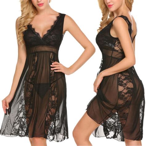 Sexy Womens Lace Deep V Lingerie Sheer Nightgown Babydoll G String Us Fast Ebay