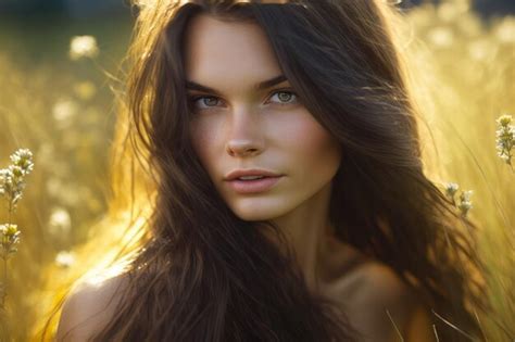 Premium AI Image Natural Brunette In A Sunkissed Meadow