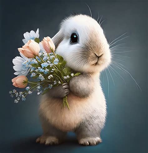 Cute Bunny Holding A Bouquet Of Flowers Isolated On Dark Background