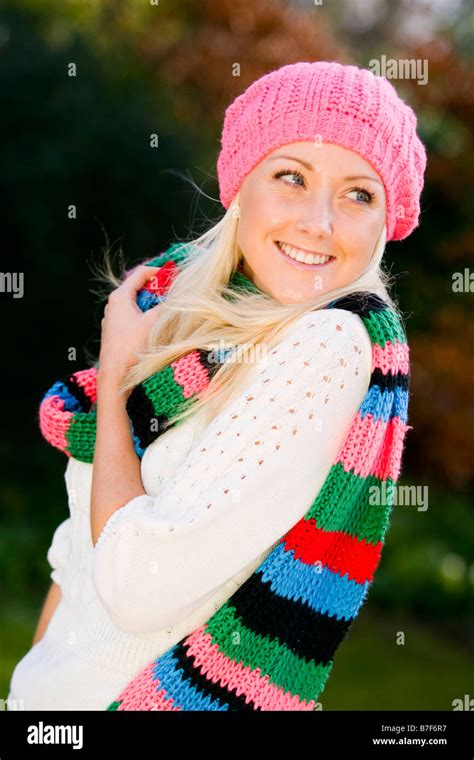 Fun Girl Outside In Autumnwinter Stock Photo Alamy