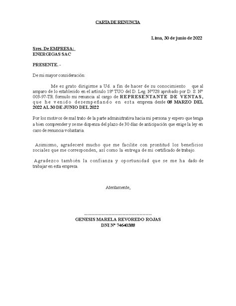 Carta DE Renuncia 2022 - TRABAJO - CARTA DE RENUNCIA Lima, 30 de junio