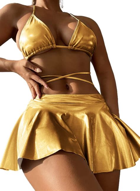 EVELUST Rave Outfits For Women Metallic Bikini Halter Strippy Bathing Suit With Holographic