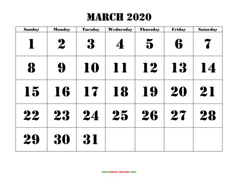 Free Download Printable March 2020 Calendar Large Font Design