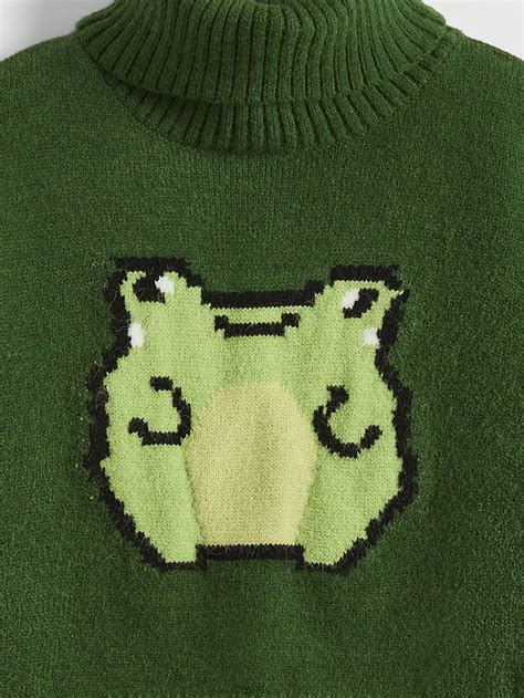 Romwe Kawaii Frog And Striped Pattern Turtleneck Drop Shoulder Sweater