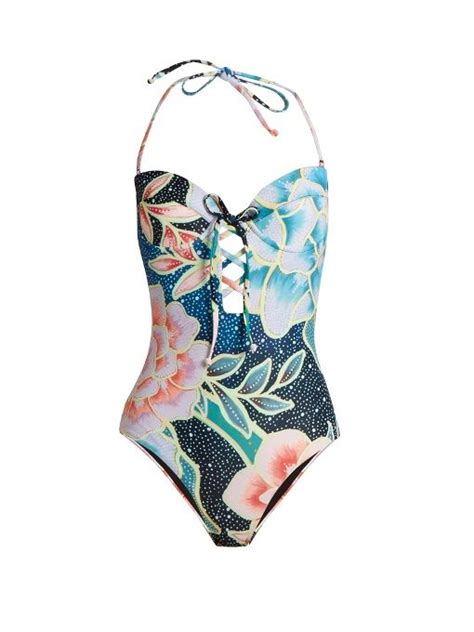 Mara Hoffman Arcadia Indigo Print Lace Up Swimsuit Underwire Bathing