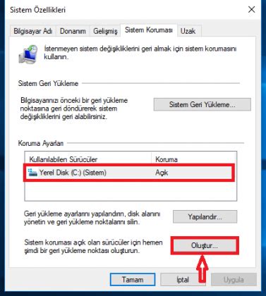 Windows 10 da Sistem Geri Yükleme Noktası Oluşturma Resimli Anlatım