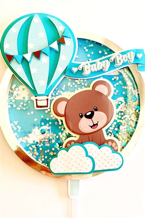 Teddy Bear Baby Cake Topper Handmade Baby Shower Decor With Hot Air Balloon Theme