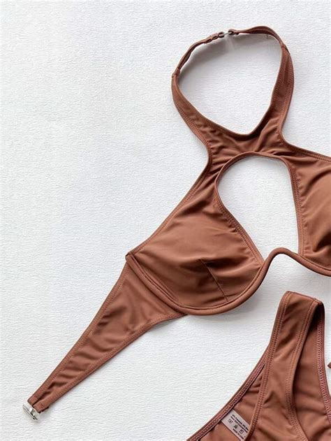 Shein Swim Sxy Mono Bikini Set Arm Sleeve Cut Out Underwire Top High Cut Bottom Piece