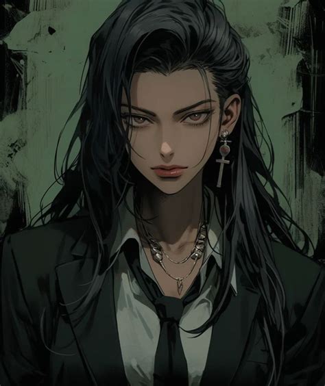 An Anime Character With Long Black Hair Wearing A Tie And Jacket Staring At The Camera