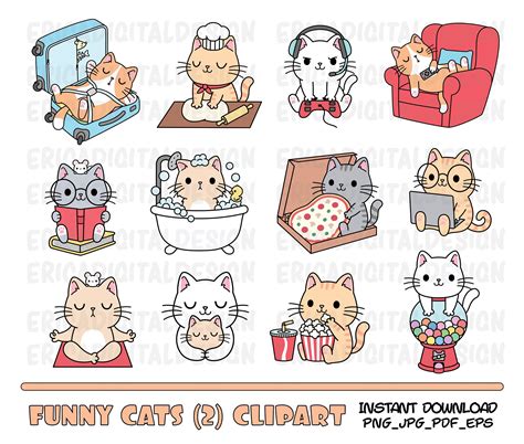 Funny Cats Clipart Cute Cat Clipart Kawaii Kitten Doodle Kitty Etsy