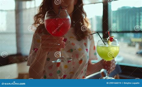 Curly Brunette Woman Drink Tropical Exotic Alcohol Cocktail In Bar Or Club Stock Video Video