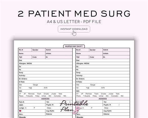 2 Patient Med Surg Nurse Report Sheet Day Or Night Shift Nursing Brain Sbar Icu Report