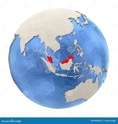 Malaysia In Red On Full Globe Isolated On White Stock Illustration