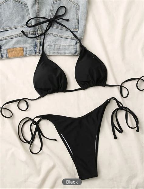 Halter Tie String Bikini In Black Women S Fashion Swimwear Bikinis Swimsuits On Carousell