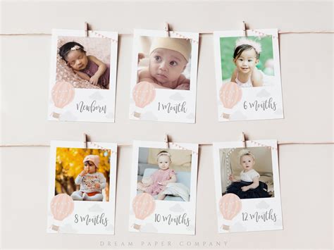 Hot Air Balloon First Birthday Milestone Photos Monthly Photo Banner Template Milestone Photo