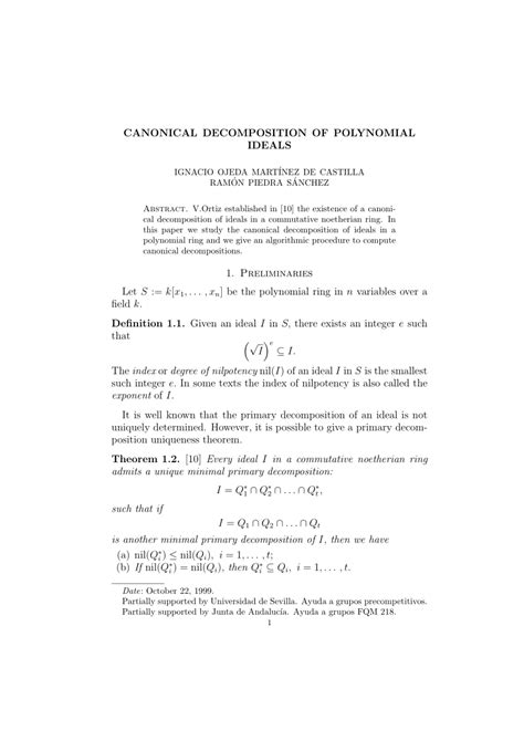 (PDF) CANONICAL DECOMPOSITION OF POLYNOMIAL IDEALS