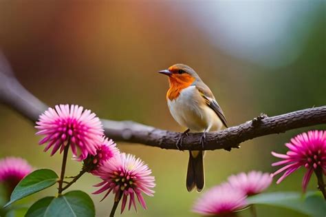 Premium Photo A Bird With A Orange Beak Sits On A Branch With Pink
