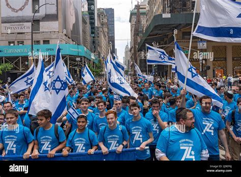 New York New York May Participants Holding Israeli Flags And