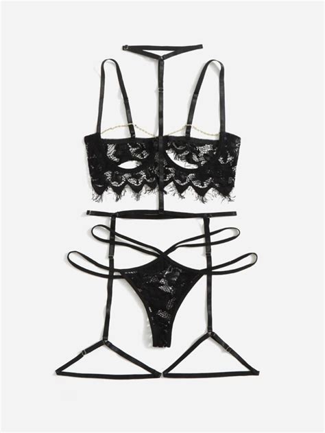 Floral Lace Sheer Underwire Garter Lingerie Set Shein
