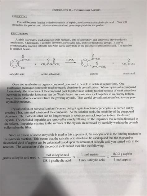 Solved Experiment Synthesis Of Aspirin Objective You Chegg