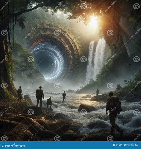 A Team of Explorers Discovering a Hidden Portal To Another Dim Stock