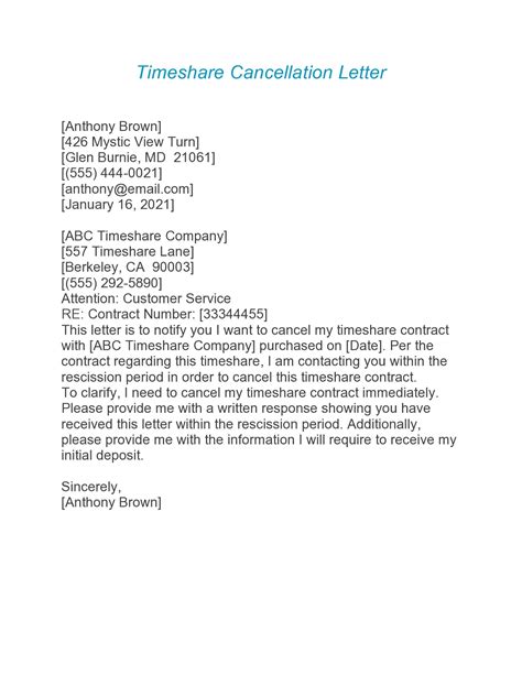 Timeshare Cancellation Letter Template