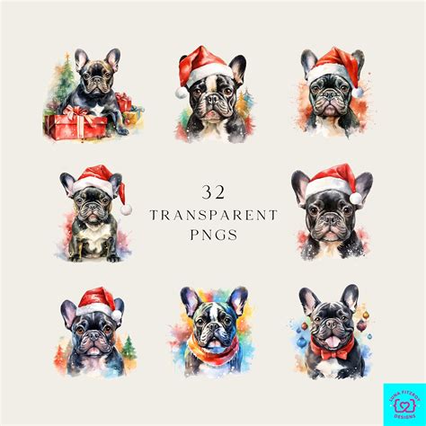 French Bulldog Christmas PNG, Bundle of 64 Watercolor Clipart, Christmas Decor, Digital Download