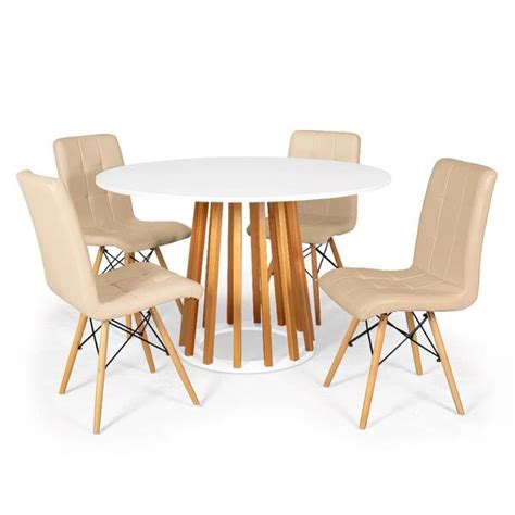 Conjunto Mesa De Jantar Talia Amadeirada Branca 120cm 4 Cadeiras Eiffel Gomos Nude Leroy