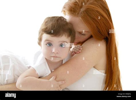 Baby Brunette And Redhead Mother Love Hug On White Stock Photo Alamy