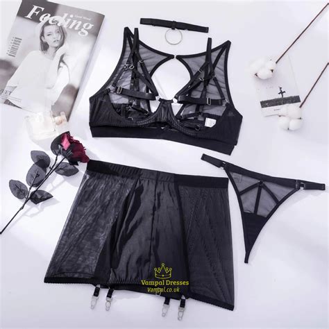 Black Lingerie Set Choker Underwear Set Gothic Fancy Set Sleepwear Black Red 5 Piece Mesh