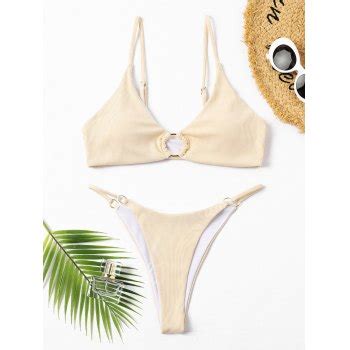 Emmiol Kostenloser Versand Einfarbiger Bikini Badeanzug Mit Ringverkn Pften Rippen Aprikose