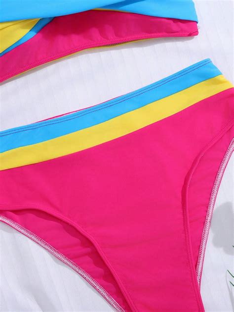 Shein Teen Girl Summer Beach Contrast Color Splicing Cross Strap Triangle Bikini Set Shein Usa
