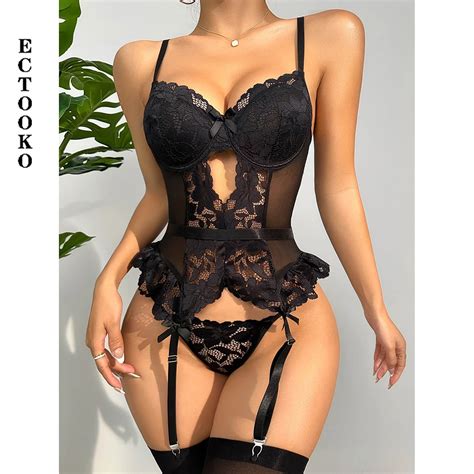 ECTOOKO Sexy Lingerie For Women Body Hot Garter Belt Bra Lingerie Set See Theough Body Suit