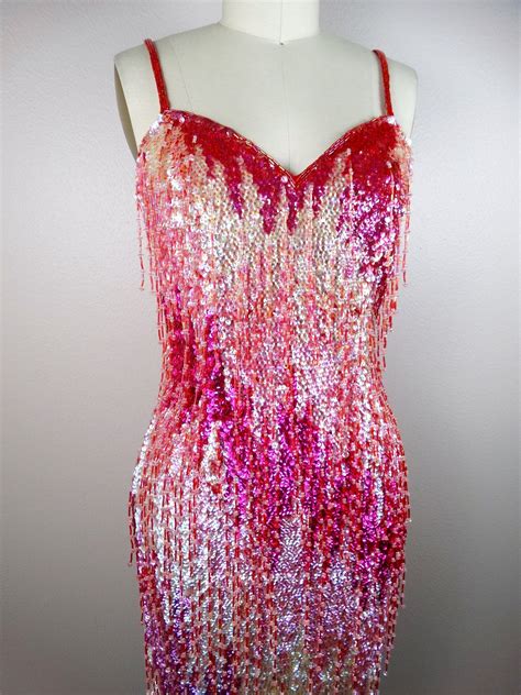 Electric Pink Beaded Fringe Dress // Iridescent Sequined Mini Dress