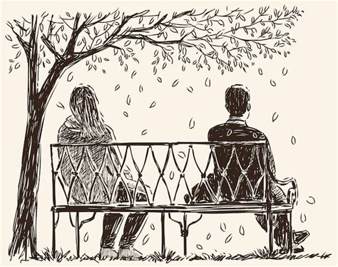 Premium Vector Sketch Of Couple Citizens On Park Bench Under Tree