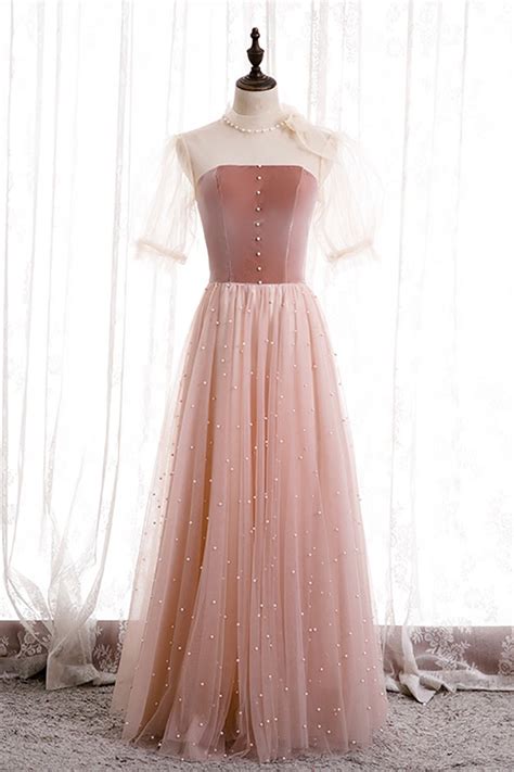 Retro Beaded Nude Pink Tulle Party Dress With Bow Knot Tulle Sleeves MX16102 GemGrace