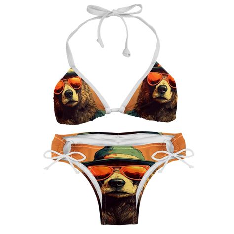 Vintage Bear Swim Wear Bikini Set With Detachable Sponge Adjustable Strap Two Pack For
