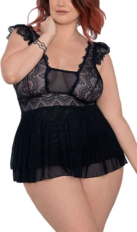 Plus Size Babydoll For Women Open Back Lingerie See Thru Vintage Ruffle Sleepwear Lace Piece