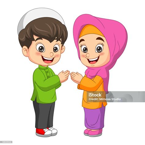 kartun bahagia muslim anak lakilaki  perempuan ilustrasi stok