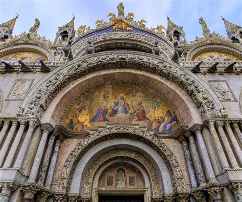 Ornate Facade of Saint Mark`s Basilica with Mosaics on Saint Mark`s ...