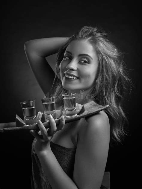 Blonde Woman With Glasses Of Tequila Stock Photo Image Of Desire Attractive