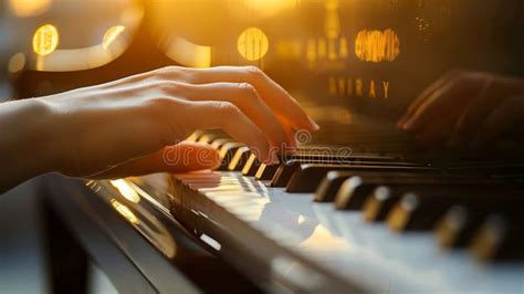 Close Up Of Pianist S Hands Black Piano Keys Warm Ambient Light Stock