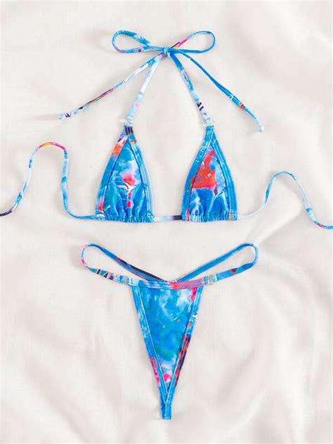 SHEIN Swim SXY Tie Dye Bikini Set Halter Micro Triangle Bra V String